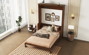 English Elm Queen Murphy Wall Bed with Integrated Desk Gas Strut Lift White Cabinet for Small Spaces Walnut W504S00226
