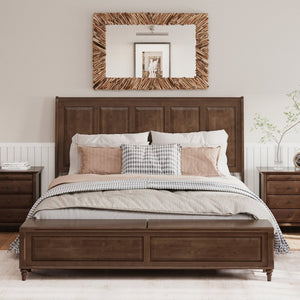 English Elm Queen Sleigh Bed Solid Rubberwood Walnut Finish Curved Headboard Footboard Storage Bench Walnut Brown W1716S00036