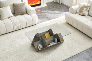 English Elm Tempered Glass Top Coffee Table with Carved Wood Grain Mdf Base and Open Storage W3875P387030