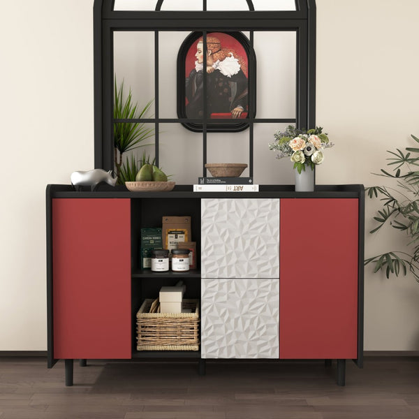English Elm Sideboard Buffet Cabinet - Modern Black & Red Storage Solution With Drawers & Open Shelves For Style W409P176598-GIGA