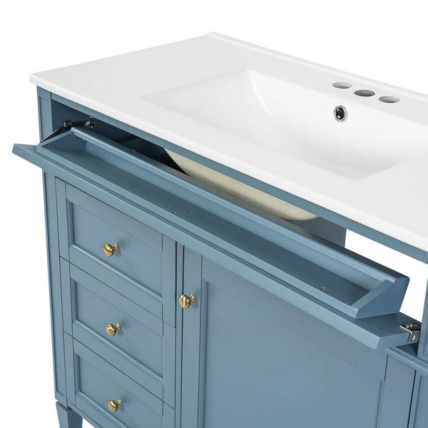 English Elm 36'' Bathroom Vanity With Sink, Modern Indigo Blue Storage Cabinet Featuring 3 Drawers & Adjustable Shelf N710P230246M