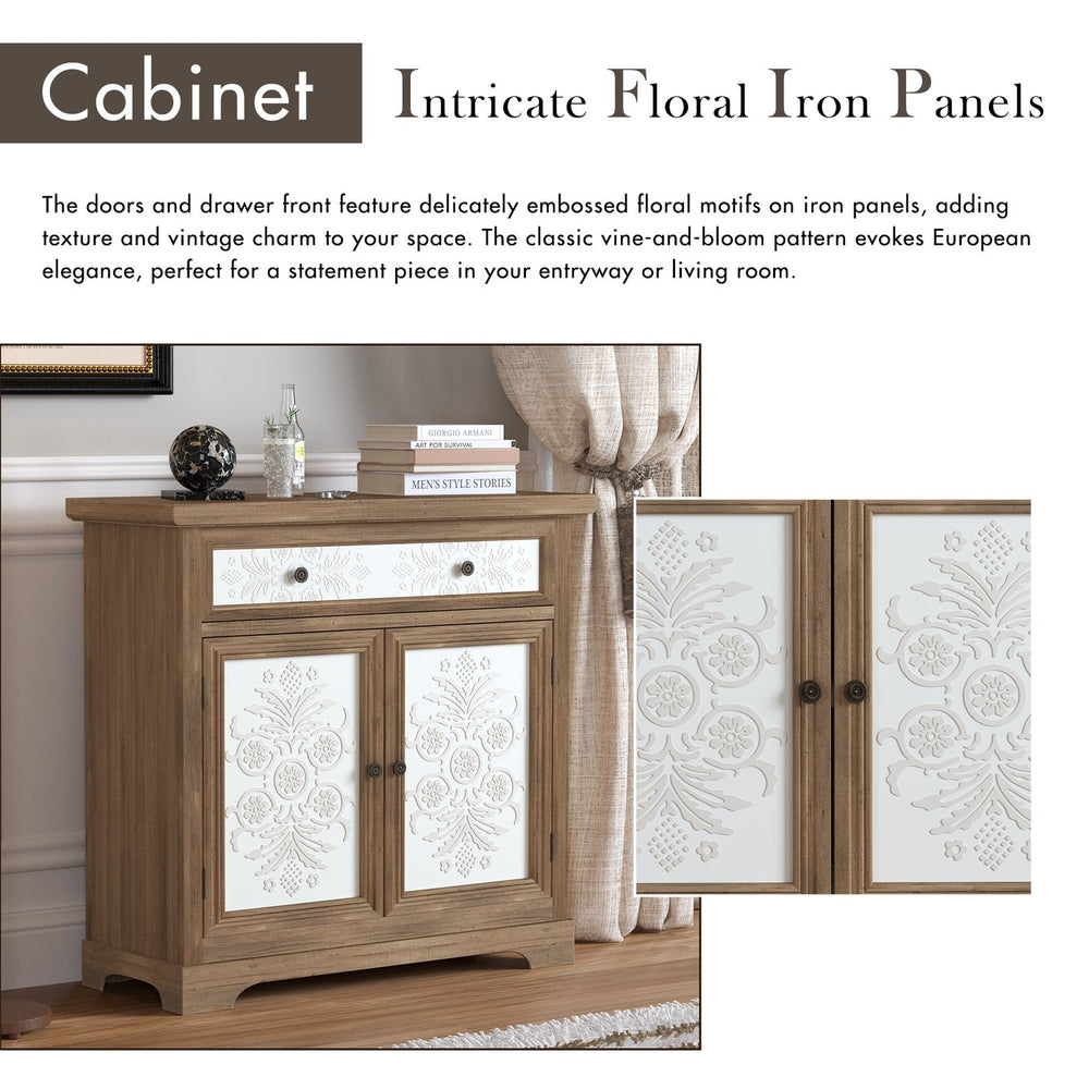English Elm Rustic Boho Carved Accent Cabinet with Drawer & Removable Shelves, Distressed Sideboard Storage for Entryway W808P245579