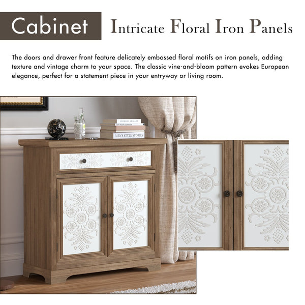 English Elm Rustic Boho Carved Accent Cabinet with Drawer & Removable Shelves, Distressed Sideboard Storage for Entryway W808P245579