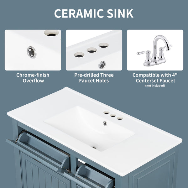 English Elm 36 Inch Bathroom Vanity With Ceramic Sink, Adjustable Shelf, Stylish Storage, Modern Blue Finish N725P336554C