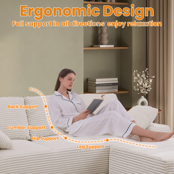 English Elm 103.5" Cloud Sectional Couch with L-Shape Chaise - No Assembly Modular Sofa, Plush Corduroy, Deep Seat Comfort Off White T3801S00005