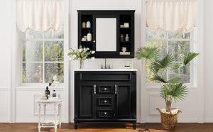 English Elm 36'' Bathroom Vanity with Sink and Mirror Cabinet, Modern MDF & Solid Wood Design, Ceramic Top, Soft-Close Doors Black SW000115AAB-1