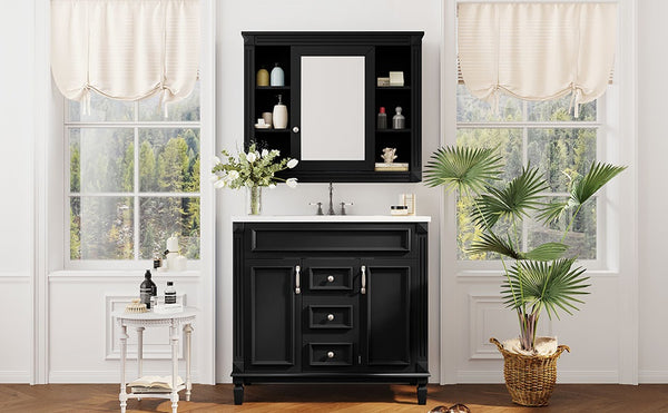 English Elm 36'' Bathroom Vanity with Sink and Mirror Cabinet, Modern MDF & Solid Wood Design, Ceramic Top, Soft-Close Doors Black SW000115AAB-1
