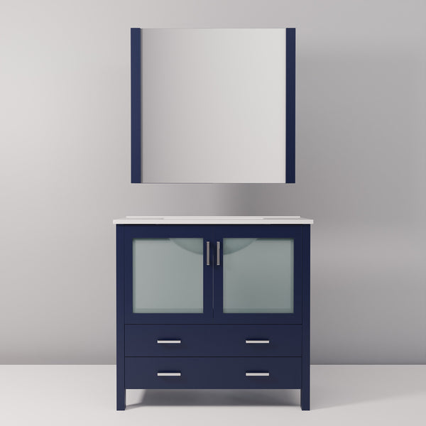 English Elm Navy Blue Bath Vanity Set With White Ceramic Top, Soft-Close Storage & Matching 34" Mirror Included B2731S00727