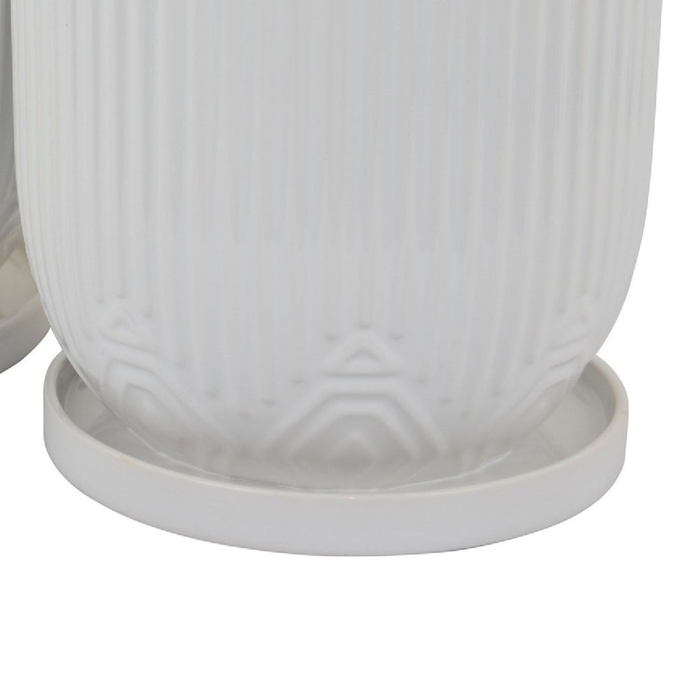 English Elm Leela Ribbed Ceramic Planter Set with Saucers Glazed White Architectural Indoor Decor B056P417089