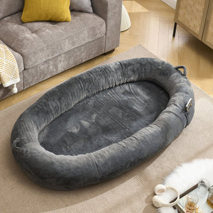 English Elm Human Giant Memory Foam Pet Bed for Adults — Plush Ergonomic Sofa with Storage Pockets & Handle Dark Gray W2705P255384