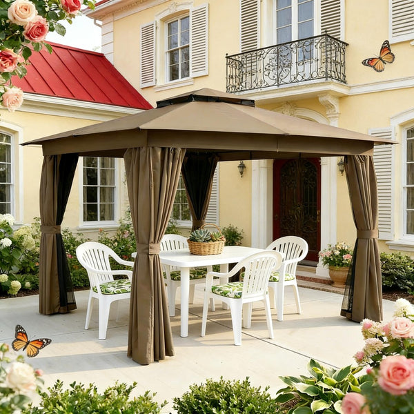 English Elm Canopy Outdoor Gazebo Steel Frame Double Tier Polyester Roof with Mesh Curtain Panels Dark Gray,Khaki+Black T3971P459114