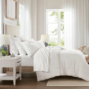 English Elm 3-piece Cotton Muslin Quilt Set Crinkled Texture Embroidered Tacking Breathable Bedding White B035P408347
