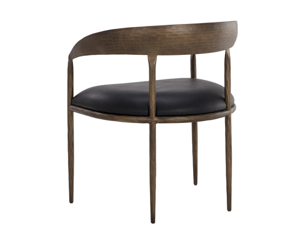 Sunpan Zanatta Dining Armchair – Handcrafted Antique Brass Frame with Unique Hammered Metal Detailing Charcoal Black Leather
