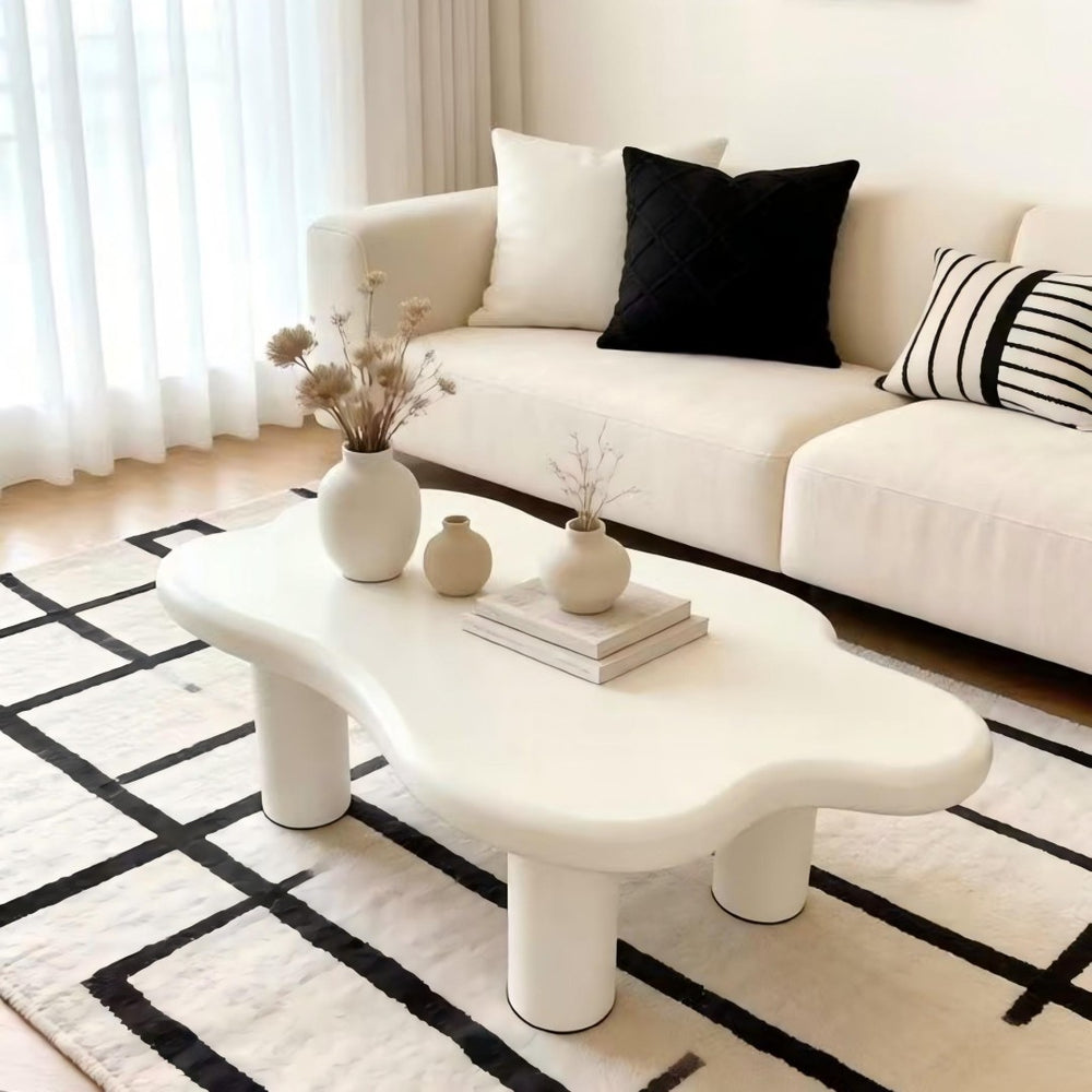 English Elm 40-inch Cloud Shaped Coffee Table Sculptural Mdf Top with Tapered Legs for Living Rooms White W3935S00003