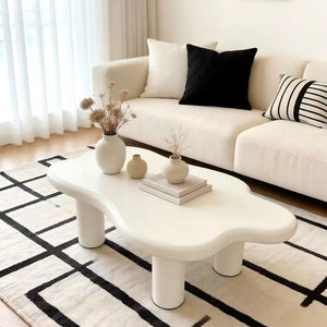English Elm 40-inch Cloud Shaped Coffee Table Sculptural Mdf Top with Tapered Legs for Living Rooms White W3935S00003