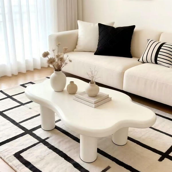 English Elm 40-inch Cloud Shaped Coffee Table Sculptural Mdf Top with Tapered Legs for Living Rooms White W3935S00003