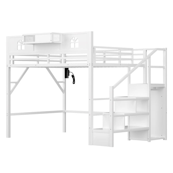 English Elm Metal Queen Loft Bed with L Shaped Desk Wardrobe Led Lighting and Usb for Teens White W2593S00057
