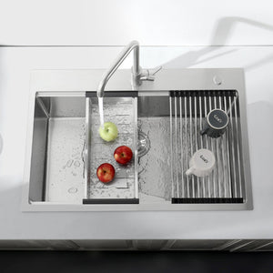 English Elm Stainless Handmade Single Bowl Drop-in Kitchen Sink with Cutting Board and Drain Grid T3177P286033
