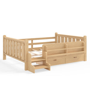 English Elm Twin Kids Platform Bed with Trundle Staircase Bookshelf and Rounded Safety Rails Light Natural W1580S00541