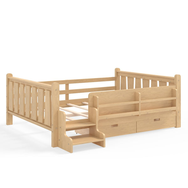 English Elm Twin Kids Platform Bed with Trundle Staircase Bookshelf and Rounded Safety Rails Light Natural W1580S00541