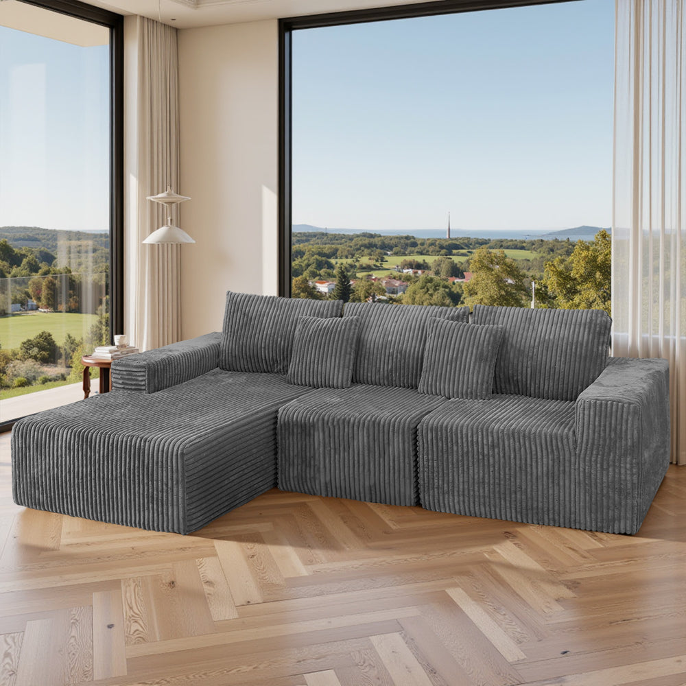 English Elm 112.99"Cloud Long-Pile Corduroy Sectional Sofa with L-Shape Chaise, Modular Deep-Seat Comfort for Living Room Grey W3276S00010