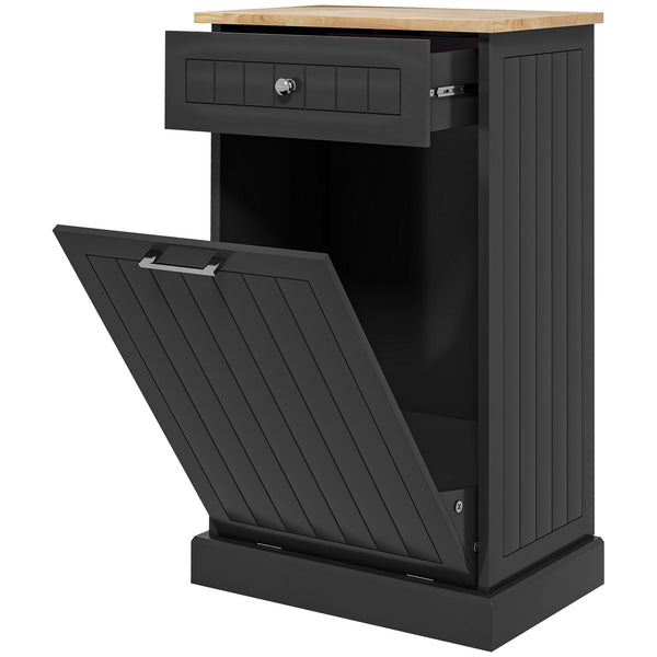 English Elm HOMCOM Tilt-Out Kitchen Trash Cabinet with Drawer and Oak Top Space-Saving Pet-Safe Organizer Black W2225P229386