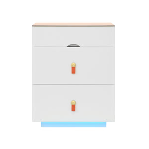 English Elm 3-Drawer 30" Nightstand with LED Light & Remote, Glass Top Jewelry Organizer, 3 Spacious Drawers White N733P304515K