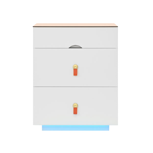 English Elm 3-Drawer 30" Nightstand with LED Light & Remote, Glass Top Jewelry Organizer, 3 Spacious Drawers White N733P304515K