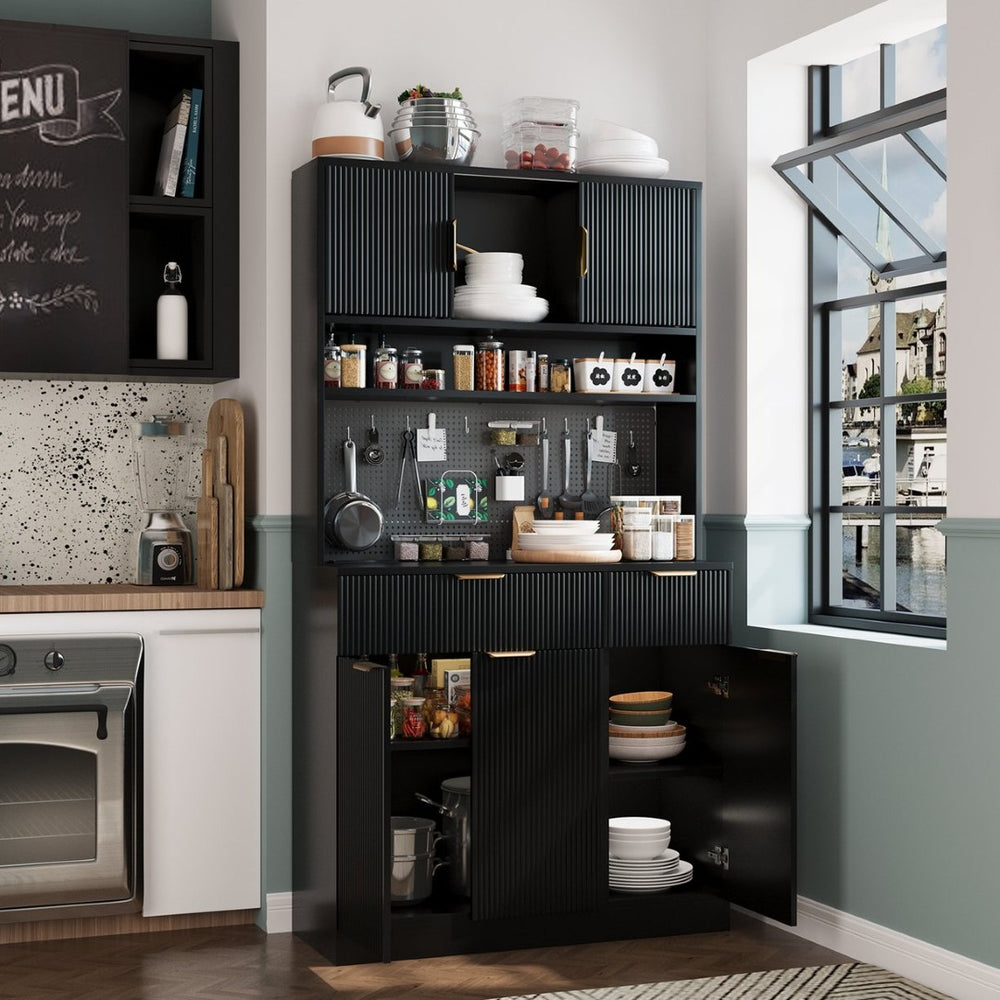 English Elm Pantry Hutch with Fluted Mdf Panels Charging Station Pegboard and Open Shelving T3773P416035