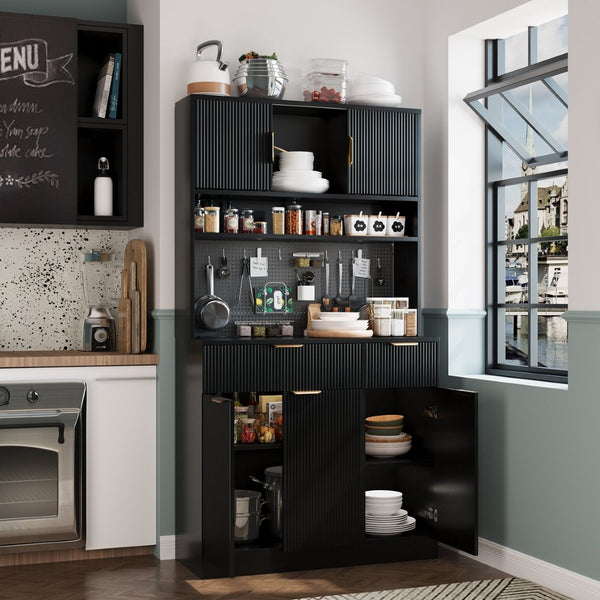 English Elm Pantry Hutch with Fluted Mdf Panels Charging Station Pegboard and Open Shelving T3773P416035