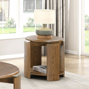 English Elm Stylish Oak Veneer 3 Piece Occasional Set with Swivel Cocktail Table and Open Shelves B011S02495