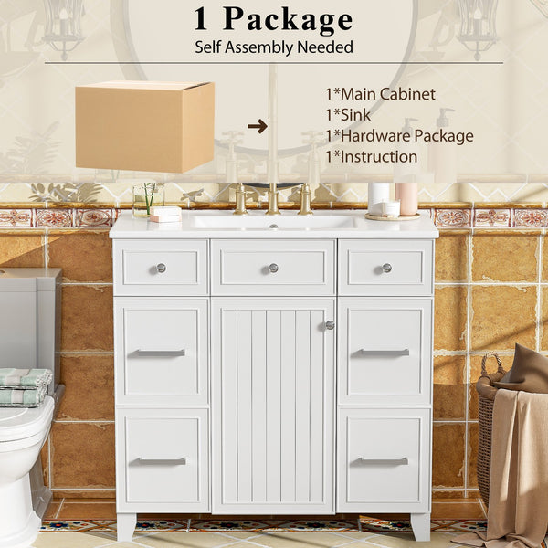 English Elm 36" 36-inch Transitional Bathroom Vanity with Ceramic Basin, Solid Wood Frame, Soft-Close Storage Elegance White N729P255663K