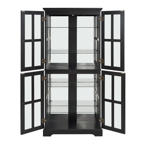 English Elm Curio Black Glass Cabinet with Cherry Finish, Adjustable Shelves, Vintage Lattice Doors & E26 Bulb Included W2275P300144