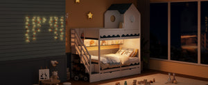English Elm Twin Over Kids Bunk Bed with Castle Roofline Led Lights and Staircase Storage White N820S00068K