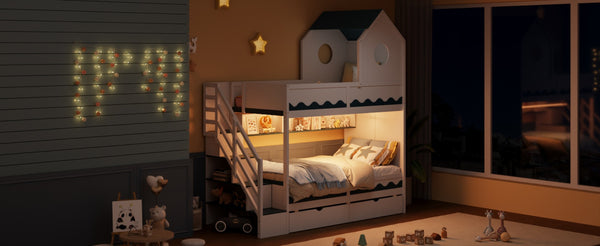 English Elm Twin Over Kids Bunk Bed with Castle Roofline Led Lights and Staircase Storage White N820S00068K