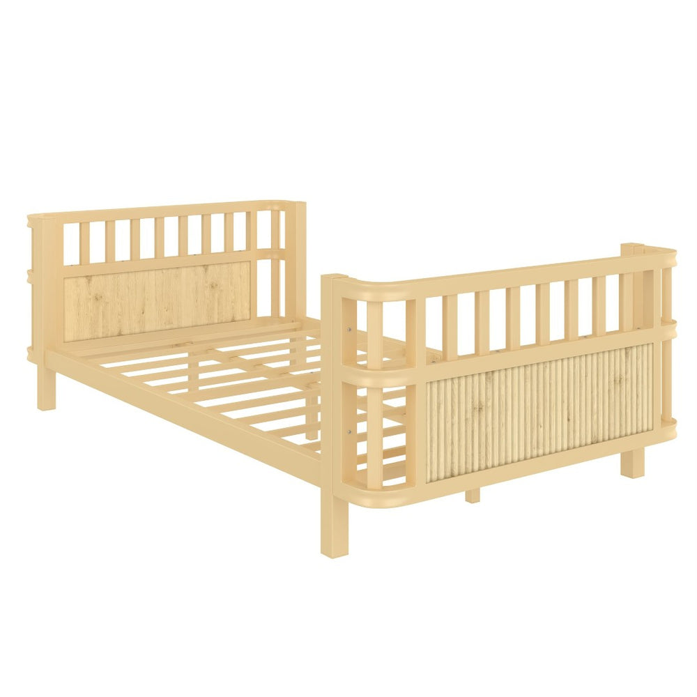English Elm Twin Pine House Frame Floor Bed with Peaked Roof and Fence Guardrails for Kids Natural W1858P389994