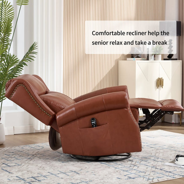 English Elm Heat Massage Rocker Recliner Genuine Leather Swivel Chair with Lumbar Vibration Nodes W3224S00016