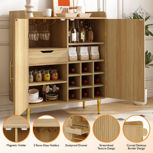 English Elm Modern Fluted Bar Cabinet with Wine Rack Glass Holders Adjustable Shelving and Hidden Drawer Natural N728P438606N