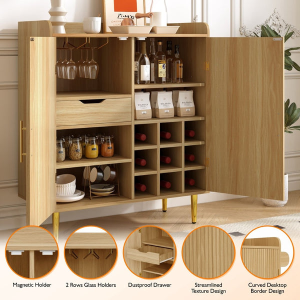 English Elm Modern Fluted Bar Cabinet with Wine Rack Glass Holders Adjustable Shelving and Hidden Drawer Natural N728P438606N