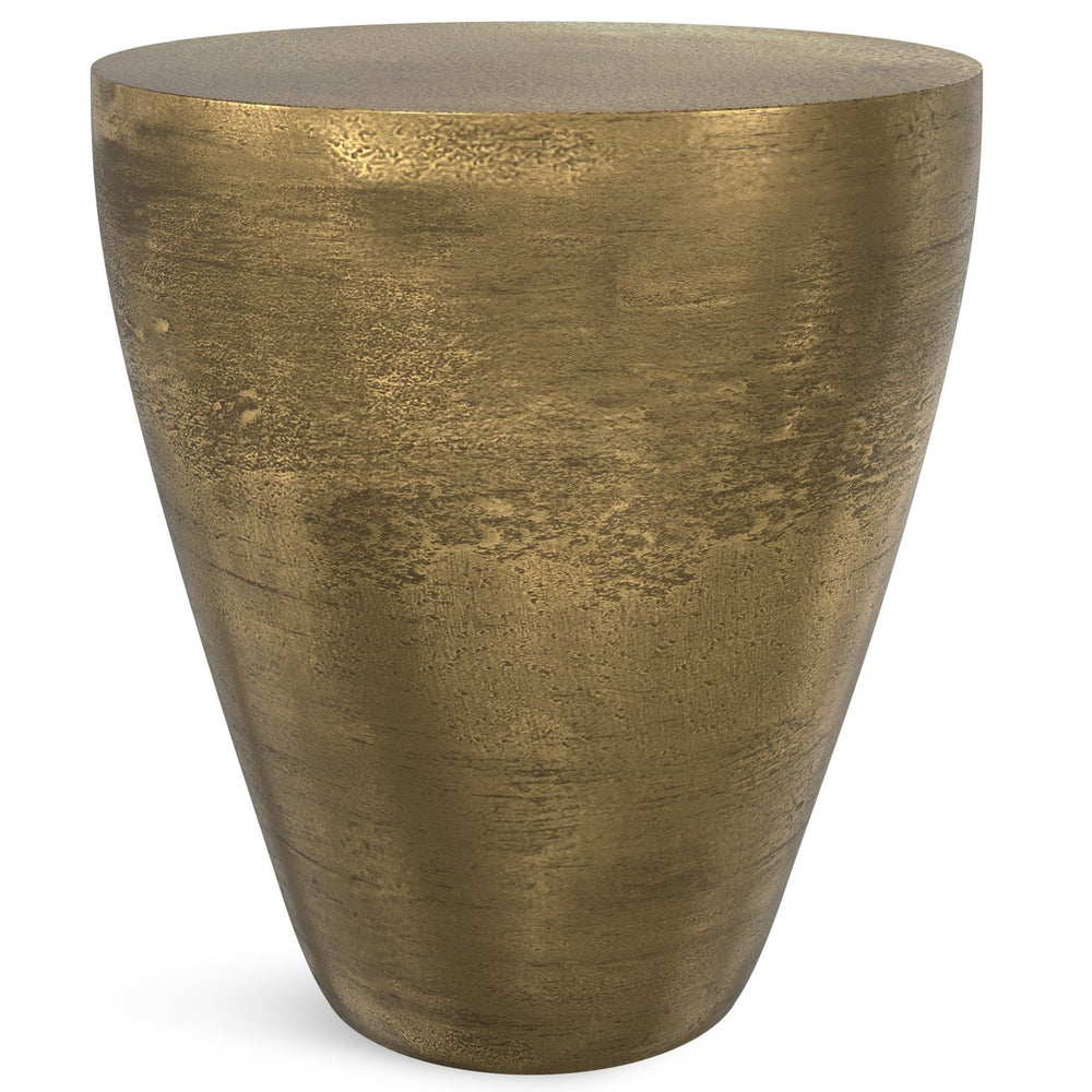 English Elm Cavan Cast Aluminum Side Table in Antique Brass — Handcrafted Asymmetrical Drum Accent Table, 21.75" B136P239036