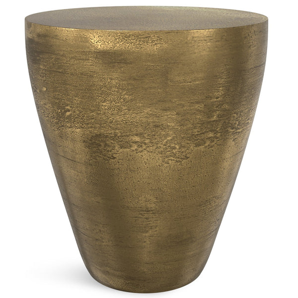 English Elm Cavan Cast Aluminum Side Table in Antique Brass — Handcrafted Asymmetrical Drum Accent Table, 21.75" B136P239036