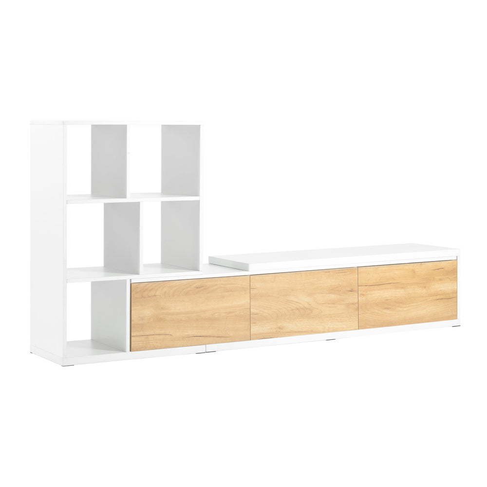 English Elm ON-TREND Extendable TV Stand 74.8"-126" with 3-Tier Shelves, Sliding Tabletop & Cabinets for Organized Living Room White WF531669AAK