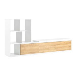 English Elm ON-TREND Extendable TV Stand 74.8"-126" with 3-Tier Shelves, Sliding Tabletop & Cabinets for Organized Living Room White WF531669AAK