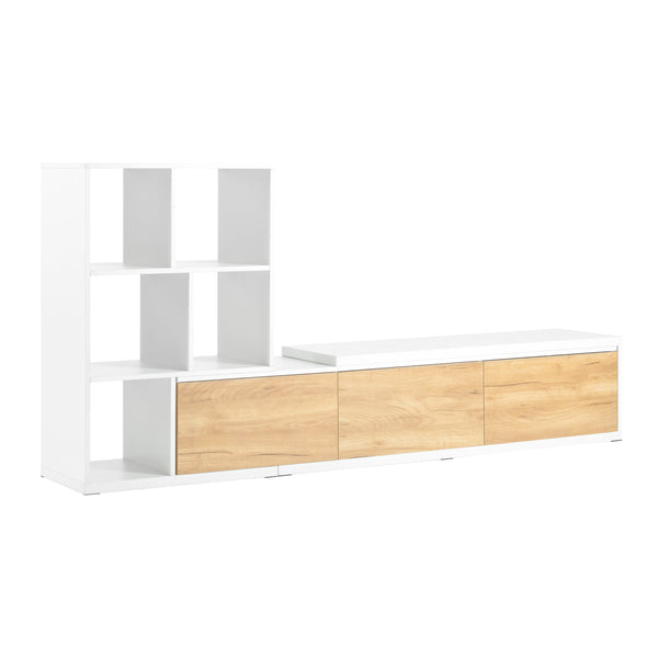 English Elm ON-TREND Extendable TV Stand 74.8"-126" with 3-Tier Shelves, Sliding Tabletop & Cabinets for Organized Living Room White WF531669AAK