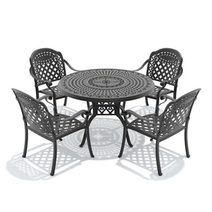 English Elm 5-piece Cast Aluminum Outdoor Dining Set with Carved Relief Frame and Cushioned Seats W1710S00637