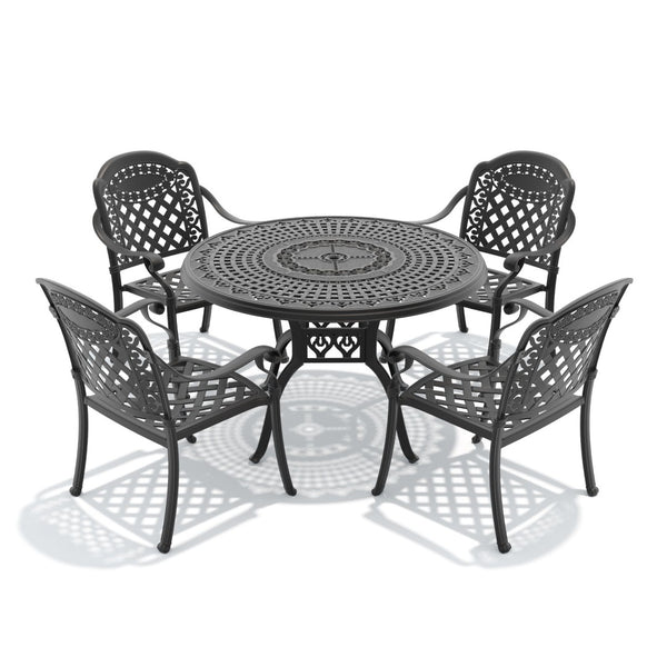 English Elm 5-piece Cast Aluminum Outdoor Dining Set with Carved Relief Frame and Cushioned Seats W1710S00637