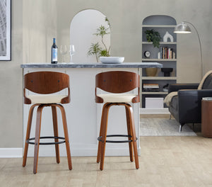English Elm Fixed-height Swivel Barstools with Walnut Bentwood Legs and Cream Upholstered Seats Set B202S01930