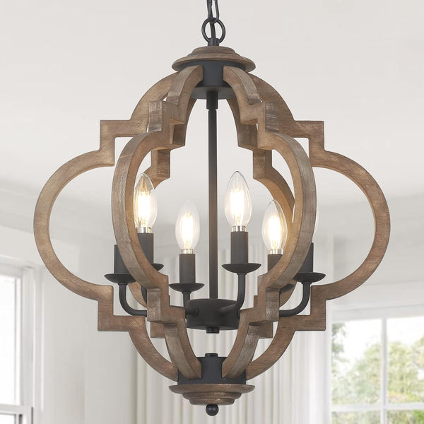 English Elm Farmhouse 6-Light Chandelier - Rustic Wooden Pendant Light For Dining Room, Kitchen & Entryway Decor W2738P185440