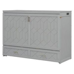 English Elm Queen Murphy Wall Bed Cabinet with Storage Drawer Built-in Power Outlets Usb Ports Gray LP000400AAE-1