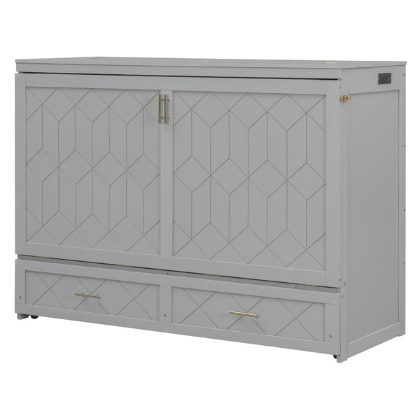 English Elm Queen Murphy Wall Bed Cabinet with Storage Drawer Built-in Power Outlets Usb Ports Gray LP000400AAE-1